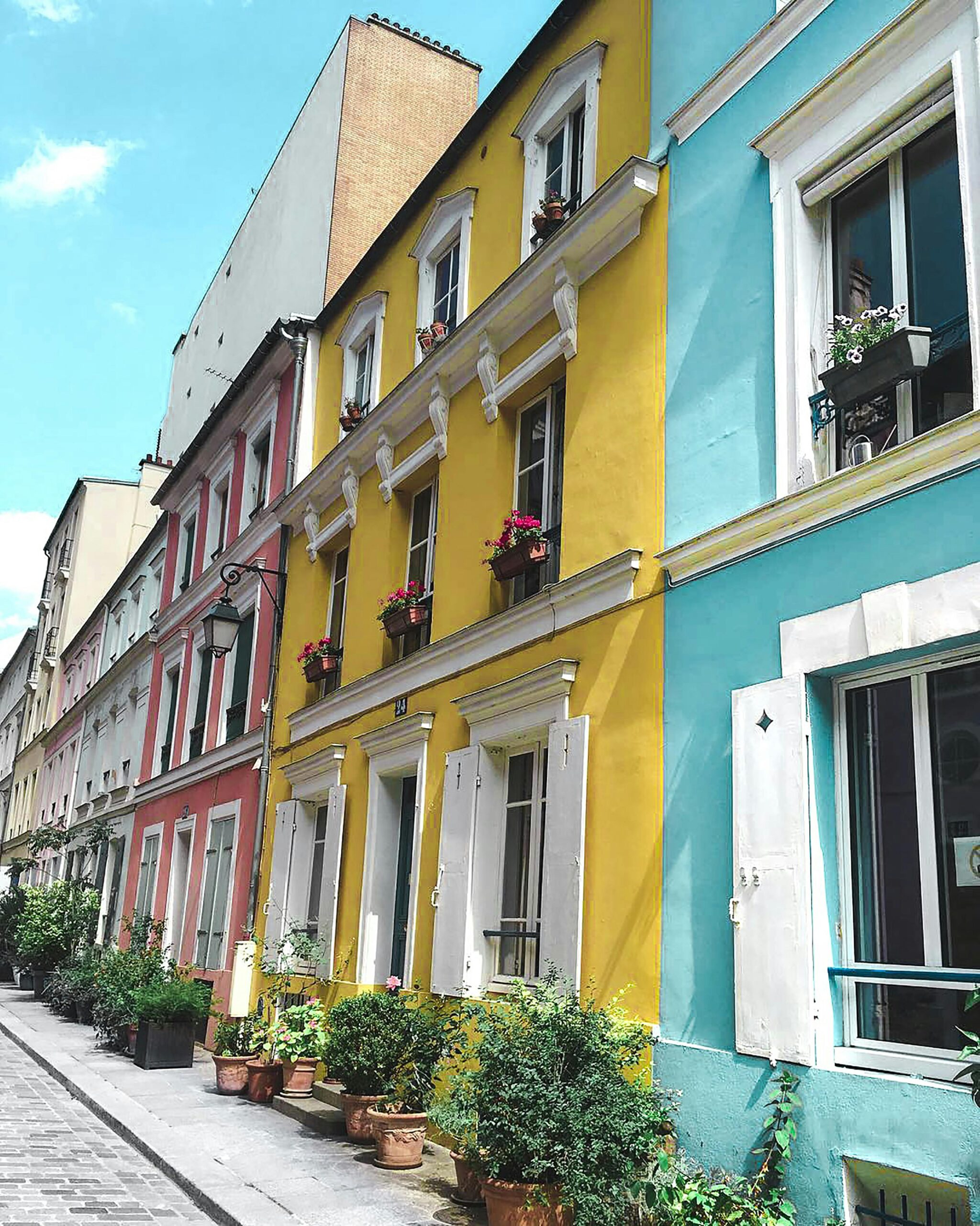Brightly colored houses along a picturesque street in Paris, France. Ideal for urban travel imagery.